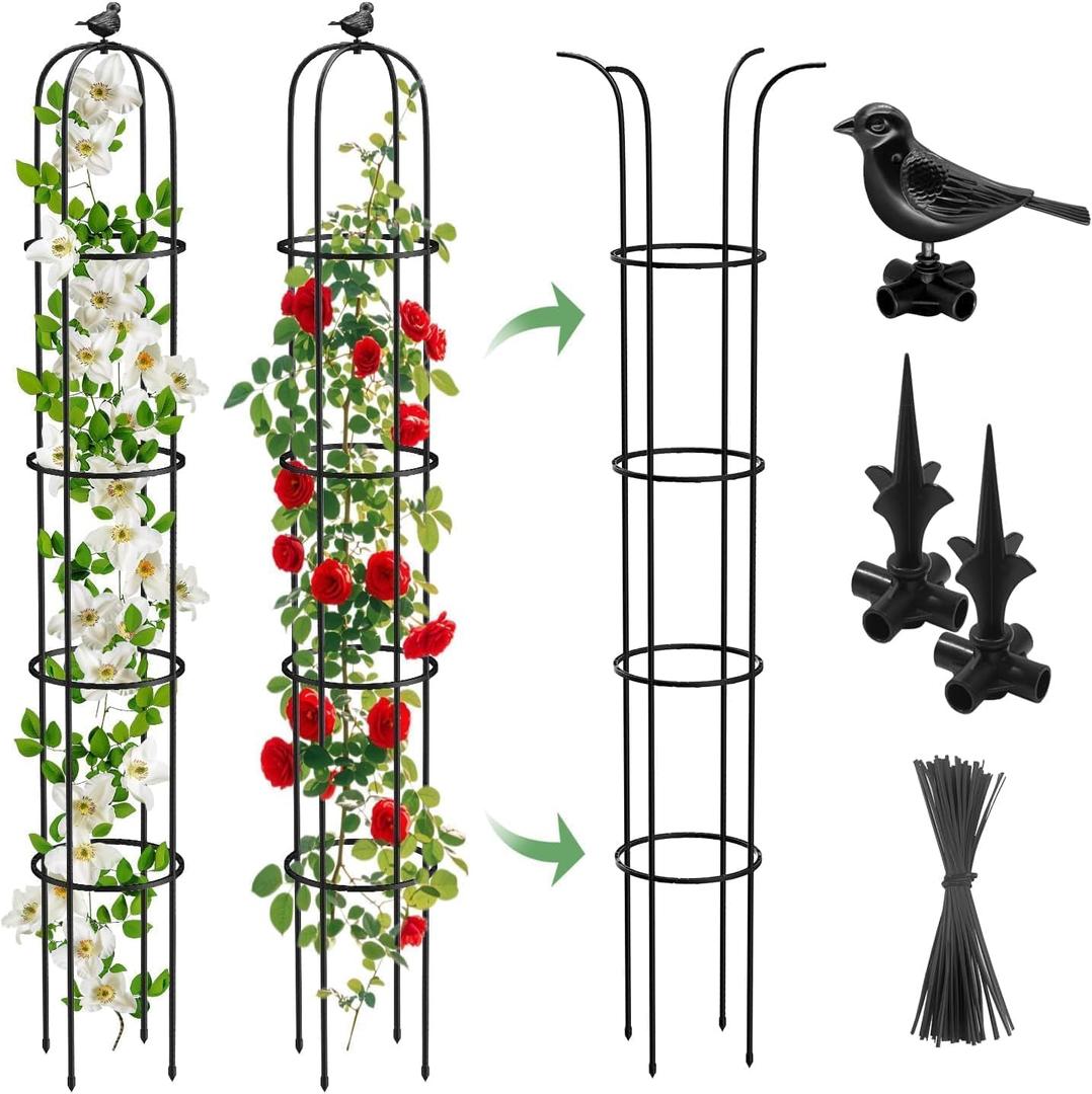 2 Pack Garden Obelisk Trellis for Climbing Plants Outdoor, 6.2 FT Tomato Cage, Rose, Flowers, Grape, Pea, Cucumber Trellis, Rustproof Plastic Coated Metal Plant Support Trellis for Potted Plants (Black)