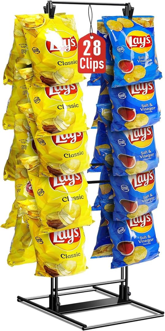 ROSROSE Chip Rack Display Stand, Potato Chip Rack Bag Holder with 28 Clips, 2 Row Chip Display Stand for Party, Black Retail Snack Display for Countertop, Store Concession Stand  2025 Upgraded