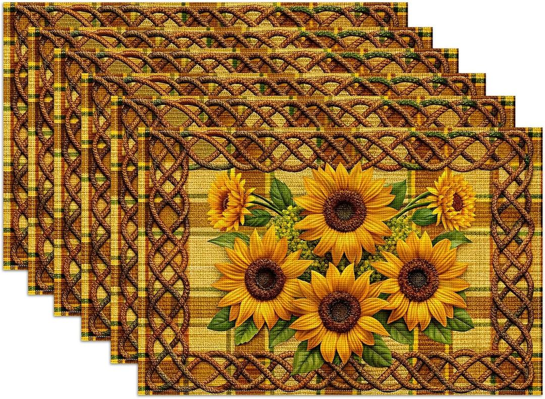 Sunflower Placemats Set of 6, Linen Place Mat Washable Stain Resistant Table Mats for Farmhouse Kitchen Dining Party Wedding Decor 12x18 Inch