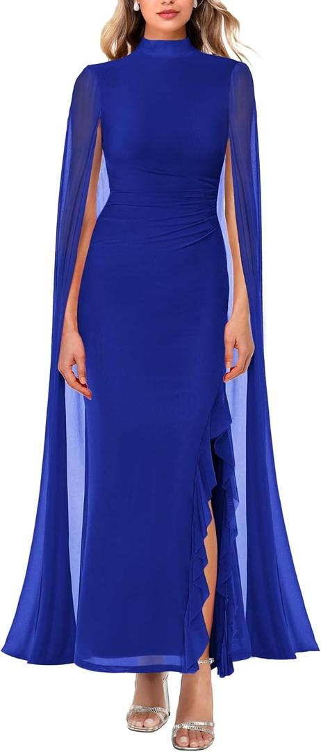 Lrady Women's Wedding Guest Dress Evening Gowns High Neck Formal Cocktail Party Maxi Bodycon Dresses with Cape Sleeve (XL)