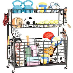 Garage Sports Organizer, Sports Rack for Garage Ball & Gear Storage, Indoor/Outdoor, Rolling Cart