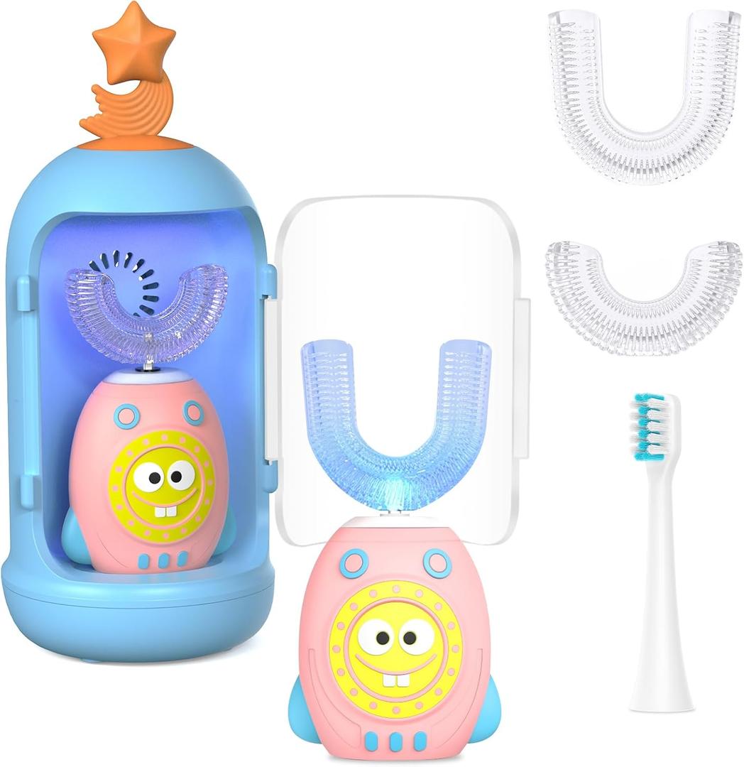 FTOYIN Kids Electric Toothbrush with 3 Brush Heads, U Shaped Ultrasonic Toothbrush Kids with 5 Modes, 45s Smart Reminder, 360-Degree Automatic Cleaning, IPX7 Waterproof Design (Light Pink)