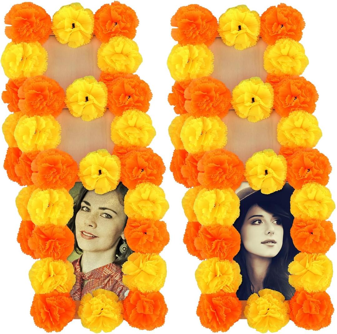 6 Set Dia De Muertos Picture Frame for Ofrenda Altar Day of the Dead 4x6 Wooden 3D Marigold Flowers Picture Photo Frames Decorations for Dia De Los Muertos Altar Decor
