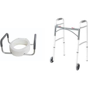 Essential Medical Supply Raised Elevated Toilet Seat Riser for an Elongated Toilet & Drive Medical 10210-1 2-Button Folding Walker with Wheels, Rolling Walker