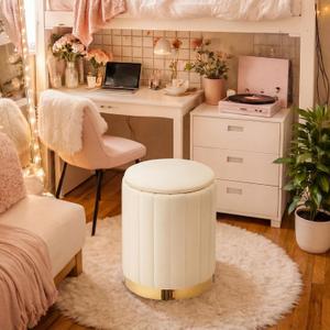 Yookeer Dorm Round Ottoman with Storage White Velvet Storage Ottoman with Removable Lid Support 330lbs Padded Seat Vanity Sorage Stool Footrest Stool for College Dorm Bedroom Living Room, 16.5"D x 12.2"W x 12.2"H