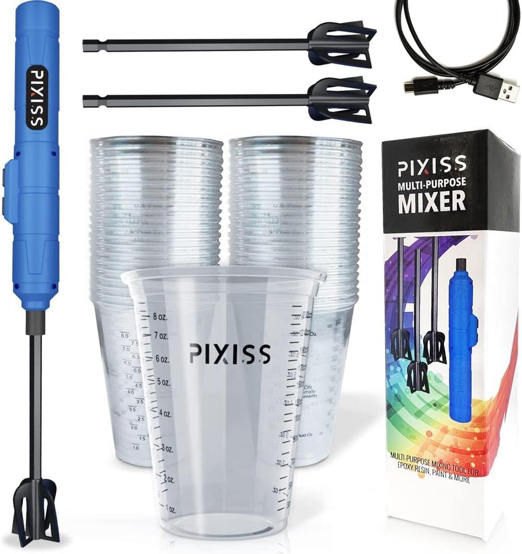 Pixiss Premium Resin Mixer, Handheld Rechargeable Epoxy Mixer Pro Grade, Stirrer for Resin, DIY Crafts Tumbler, Silicone Mixing - Includes 20 Cups, Bundle C (Medium)