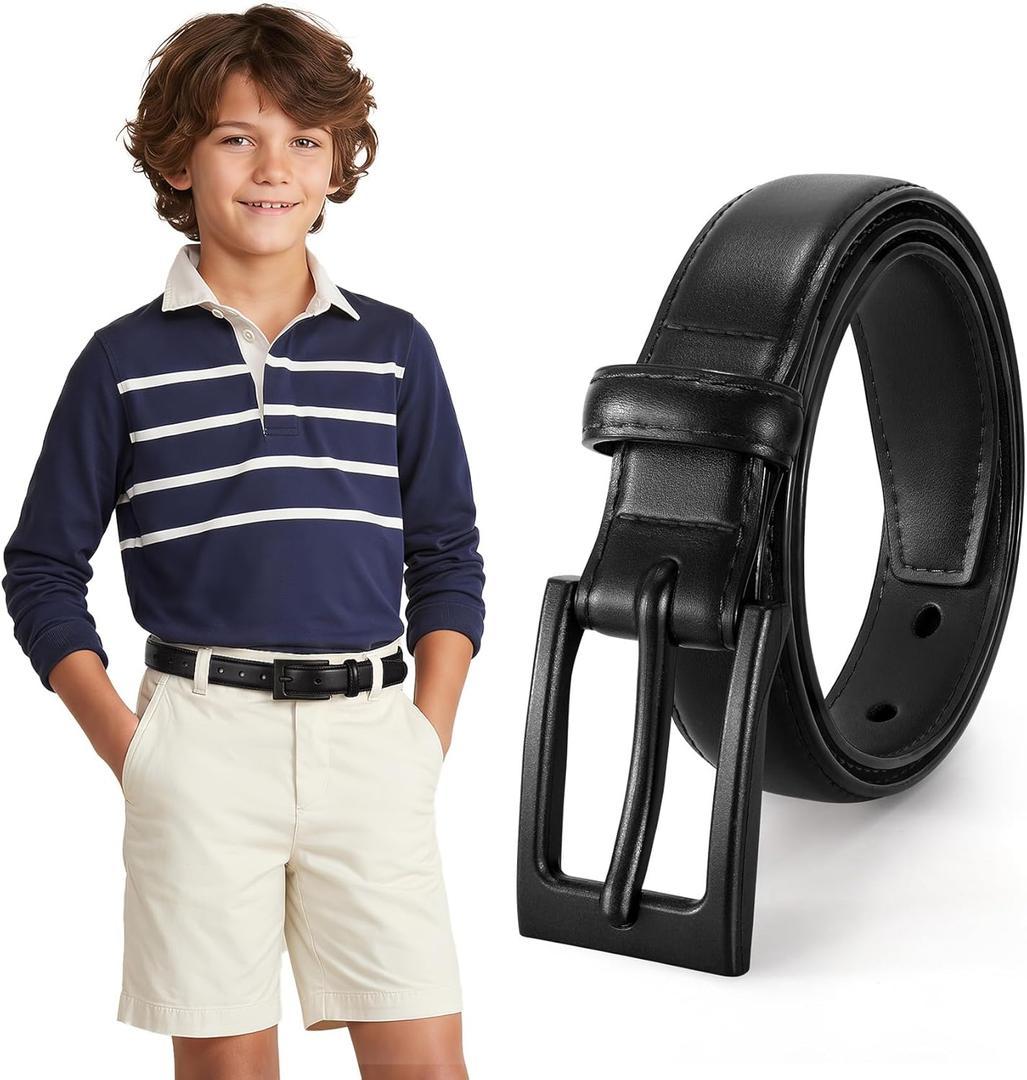 XZQTIVE Metal Free Kids Belts for Boys Hypoallergenic Leather Belt for School Uniform Casual Jeans Wear, Fit Waist: 23"-27"