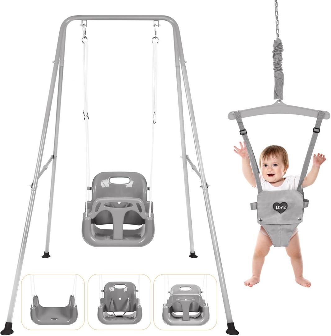 4-in-1 Toddler Swing Set & Baby Jumper and Bouncers, Heavy Duty Baby Swing Set with Foldable Metal Stand for Indoor & Outdoor, Suitable for Children 6 Months and Older, Easy to Assemble & Store