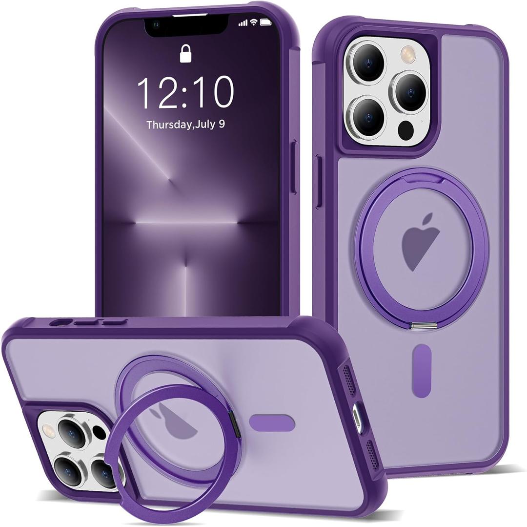 for iPhone 13 Pro Case 6.1 Inches 360Rotatable Magnetic Ring Invisible Stand,[Compatible with Mag-Safe] Military Shockproof Frosted Translucent Case,Purple