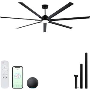 96" Industrial & Commercial HVLS 7 Black Aluminum Blades Ceiling Fan with Light,Compatible with Alexa,High CFM Brushless Motor,6-Speed,Indoor/Outdoor Ceiling Fan for Patio,Garage,Shop,Library