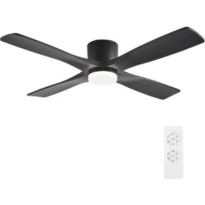 WINGBO 48 Inch Flush Mount DC Ceiling Fan with Lights and Remote, 4 Reversible Carved Wood Blades, 6-Speed Noiseless DC Motor, Hugger Ceiling Fan in Black Finish, Low Profile Ceiling Fans, ETL Listed
