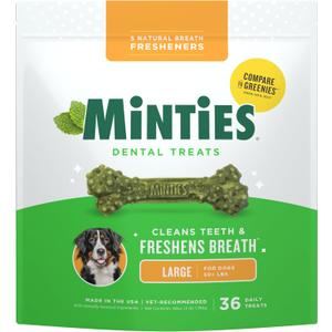 Minties Dental Chews for Dogs, 36 Count, Vet-Recommended Mint-Flavored Treats for Large Dogs Over 50 lbs, Dental Bones Clean Teeth, Fight Bad Breath, and Removes Plaque and Tartar (EXP 04/22/28)