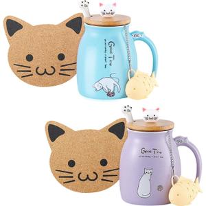 BigNoseDeer 2Pcs Kawaii Tea Cup with Infuser Ceramic Cat Mug Cute Mugs Coffee Mugs Gifts for Cat Lovers Cute Cool Preppy Stuff Mother's Day Gifts for Women 13oz