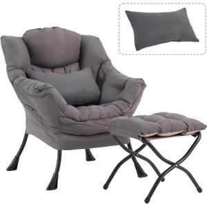 Lazy Chair with Ottoman, Modern Accent Chair with Lumbar Pillow, Dark Grey Sofa, Armchairs with Folding Footrest, Oversized Supportive Chairs for Bedroom, Reading