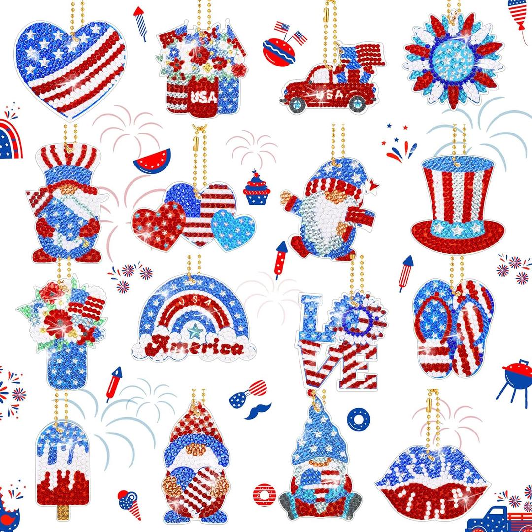 Sasylvia 16 Pcs 4th of July Diamond Painting Keychains Patriotic Diamond Art Kit Gnome Painting Ornaments American Flag Red Blue White DIY Craft 250th Anniversary Decorations for Adult