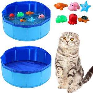 Cat Pool with Toys, Portable Cat Pool Toys, Fish Tank Cat Toys for Bored Indoor Cats, Cat Kick Toy Self-Play Pool, Folding Pool Pet Cleaning Basin (11.81*3.94 Inches)