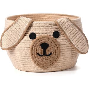 Zopeal Dog Woven Basket Cute Woven Cotton Rope Puppy Animal Storage Basket for Laundry Toy Gift(Khaki,13 x 8 Inch)
