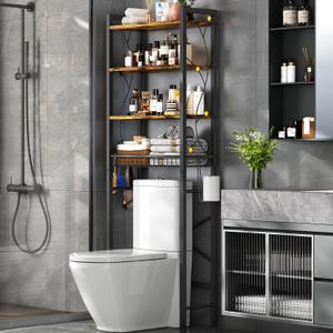 Over-The-Toilet Storage Rack, 4-Tier Bathroom Organizer Shelf Over Toilet with Adjustable Shelf and Basket, Freestanding Space Saver Bathroom Shelves Above Toilet for Room (Rustic Brown), X-Large