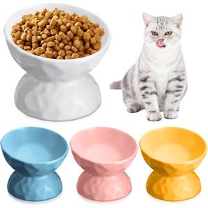 Bokon 4 Pcs Ceramic Raised Cat Bowl 6.8 oz Pet Food Bowl Anti Vomiting Pet Elevated Dog Feeder Tilted Cat Water Bowl Feeding Kitten Dishes for Small Dog Kitten(White, Yellow, Blue, Pink)