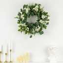 24" Spring Summer Wreaths for Front Door, Artificial Green Eucalyptus White Flower Cherry Blossom Grapevine Base for Farmhouse Porch Wedding Outdoor Indoor Year Round Home Decor