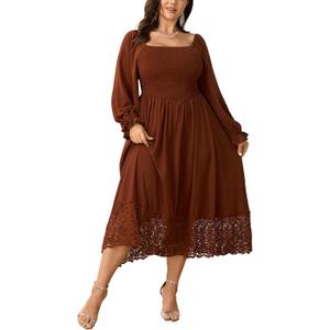 2 x SHESTARR Women's Plus Size Maxi Dress Long Sleeve Square Neck Smocked Flowy A-Line Lace Trim Wedding Guest Dresses (XXL)