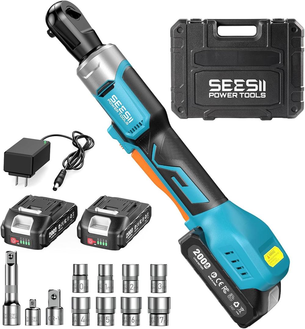 Seesii 3/8" Cordless Electric Ratchet Wrench, 60 ft-lbs (80Nm) High Torque, 21V Max, 2×2.0Ah Batteries, 0–300 RPM Variable Speed, Fast Charger, 10–17mm Socket Set, Extension Bar & Carry Case