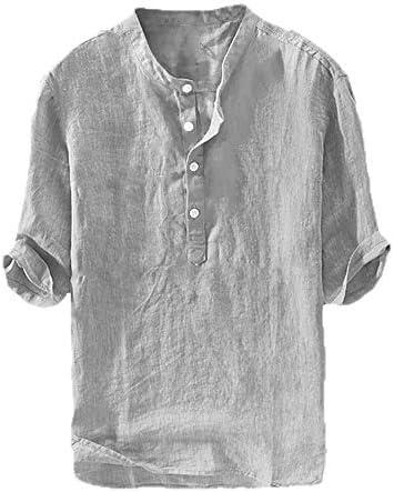 Ryannology Mens Linen Shirts Casual Cotton 3/4 Sleeve Regular-Fit Henley T-Shirt Summer Lightweight Beach Yoga Tops Size M