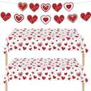 Qpout Valentine's Tablecloth Set with Banner, 2 Heart Pattern Disposable Plastic Table Covers and 1 Happy Valentine's Day Banner for Romantic Decor, 54x108Inch