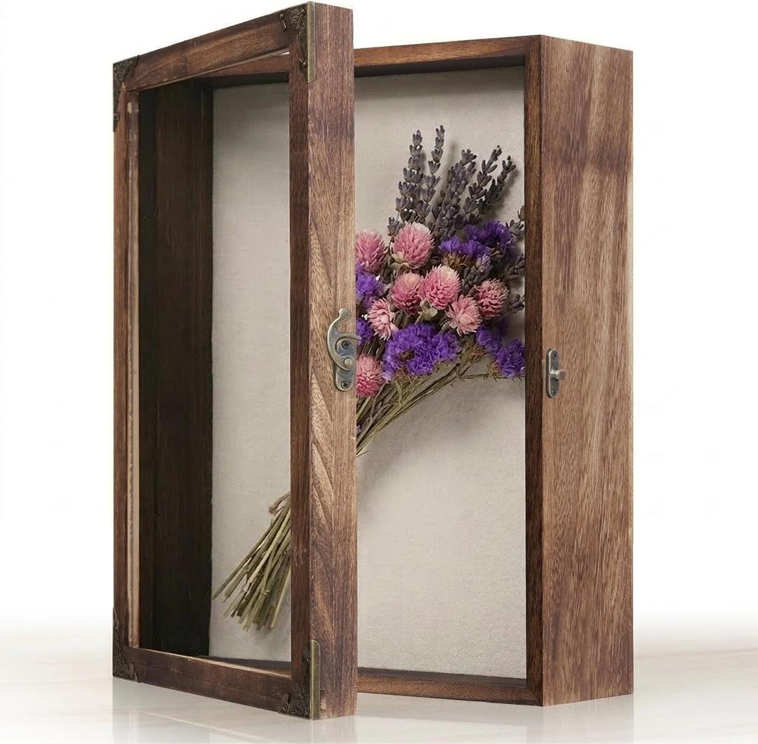 Shadow Box Frame 11x14 with Retro Metal Accents and Lock, Solid Wood Acrylic Door Display Case with Linen Back, 10 Stick Pins, and 2.7-Inch Depth for Photos, Medals, and Memorabilia (Medium)