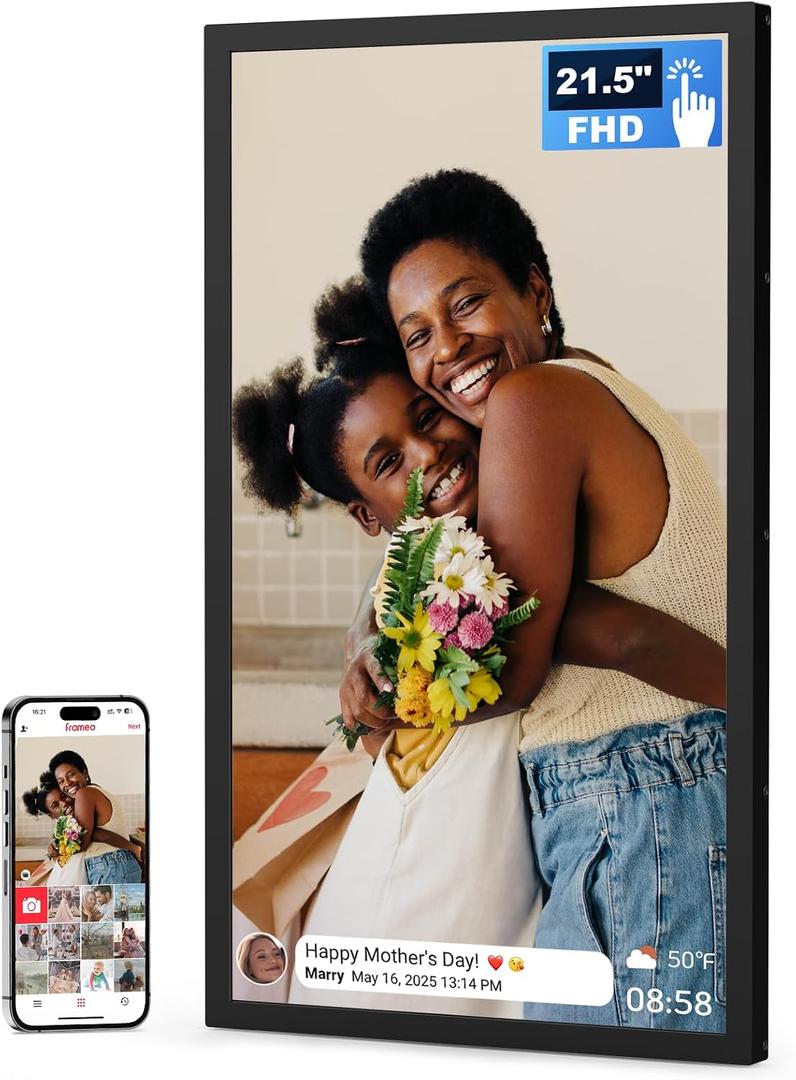 FRAMEO 21.5 Inch Touchscreen Large Digital Photo Frame, 1920x1080 WiFi Digital Picture Frame 64GB, Security Share Photo/Video via APPs, Email, USB/Mirco SD, Easy Set Up, Gifts for Mom