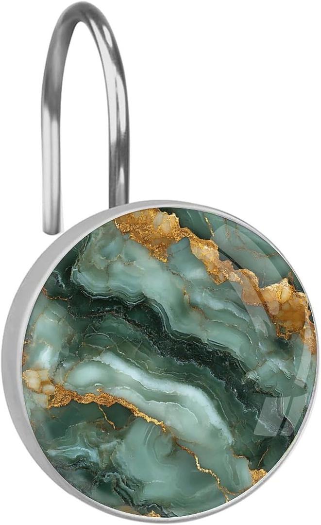 Marbling Shower Curtain Hooks,12 Pcs Rust Proof Glass Surface Stainless Steel Curtain Rings for Bathroom Bedroom Living Room Kitchen Home Shower Rods Decor (Color-11)