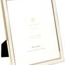 Isaac Jacobs 8x10 White Leather with Gold Metal (Vertical & Horizontal) Picture Frame, Suede Border w/Black Fabric Easel, Wall-Mountable, Made For Tabletop, Photo Gallery (8x10, White W/Gold)