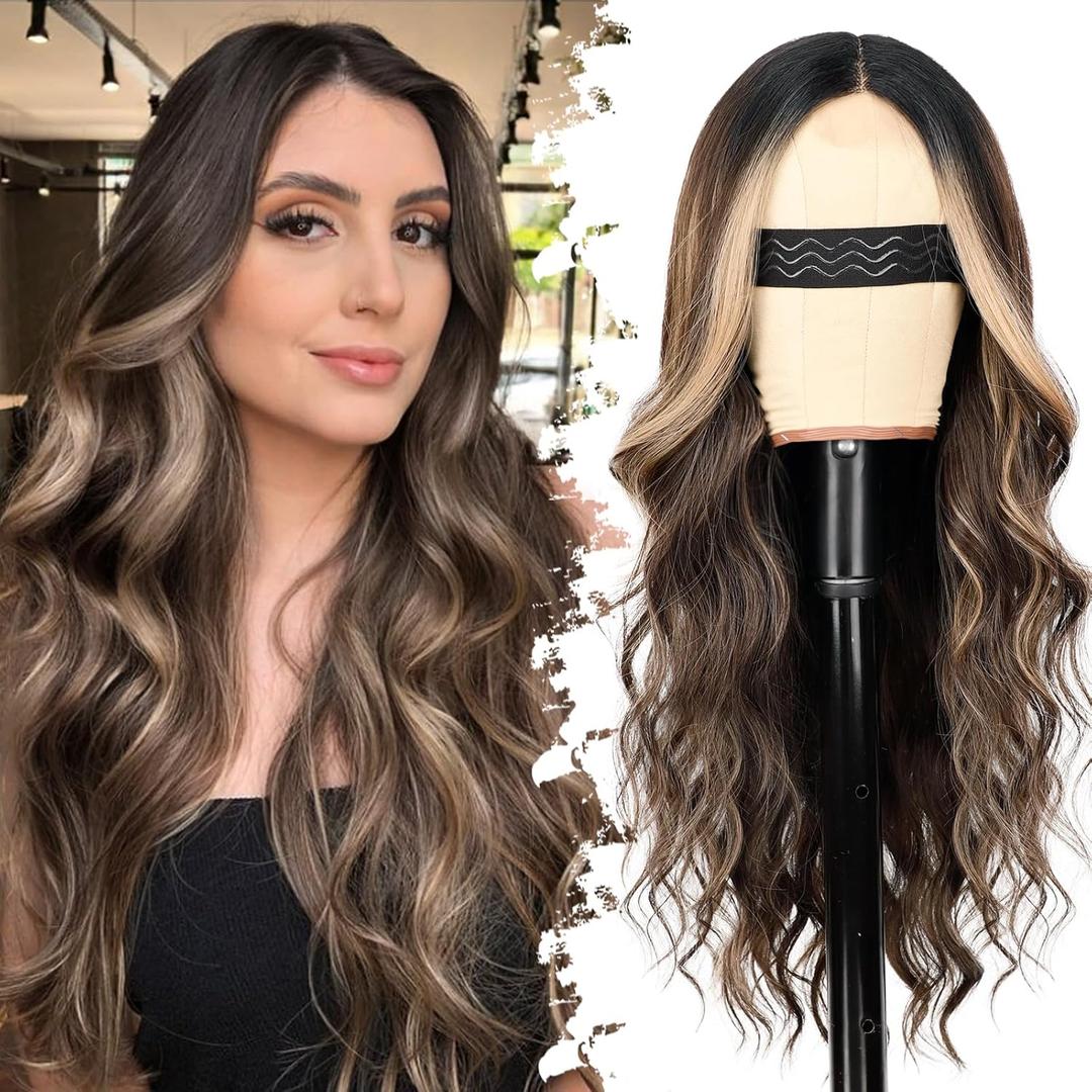 Eawwii Dark Brown Mixed Blonde Wig for Women Long Wavy 4x1 Lace Natural Hairline Glueless for Beginners Middle Part Synthetic for Daily Party Use 26Inch
