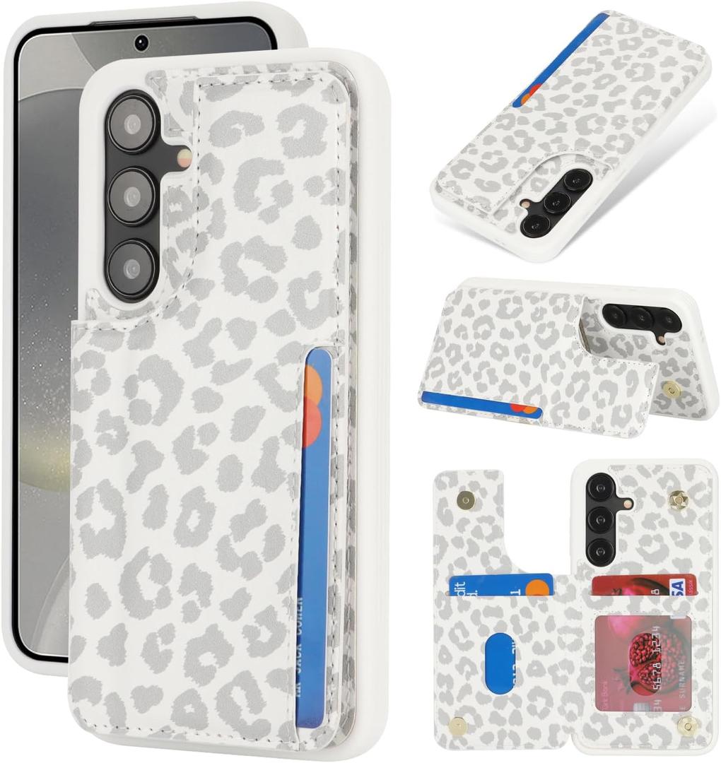 iCoverCase Compatible with Samsung Galaxy S24 Case with Card Holder, S24 Wallet Case for Women Men [RFID Blocking] PU Leather Protective Phone Case for S24 5G (Gray Leopard)