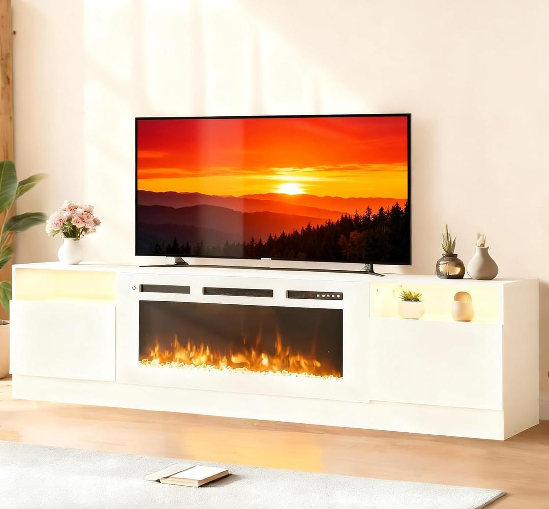 MXV 70" Fireplace TV Stand for TVs Up to 80", LED Light Entertainment Center with 36" Electric Fireplace, Modern Wood Texture TV Media Console with Highlight Storage Cabinet, White-White
