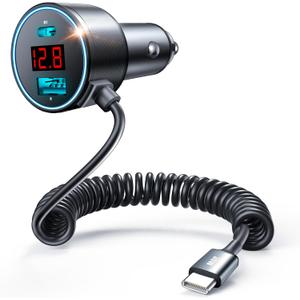 USB C Car Charger, 75W Metal 3-Port Super Fast Car Charger Adapter PD & QC3.0 Built-in 6ft Type C Coiled Cable for Samsung Galaxy S22/21 iPhone iPad Pro Pixel Android Phones