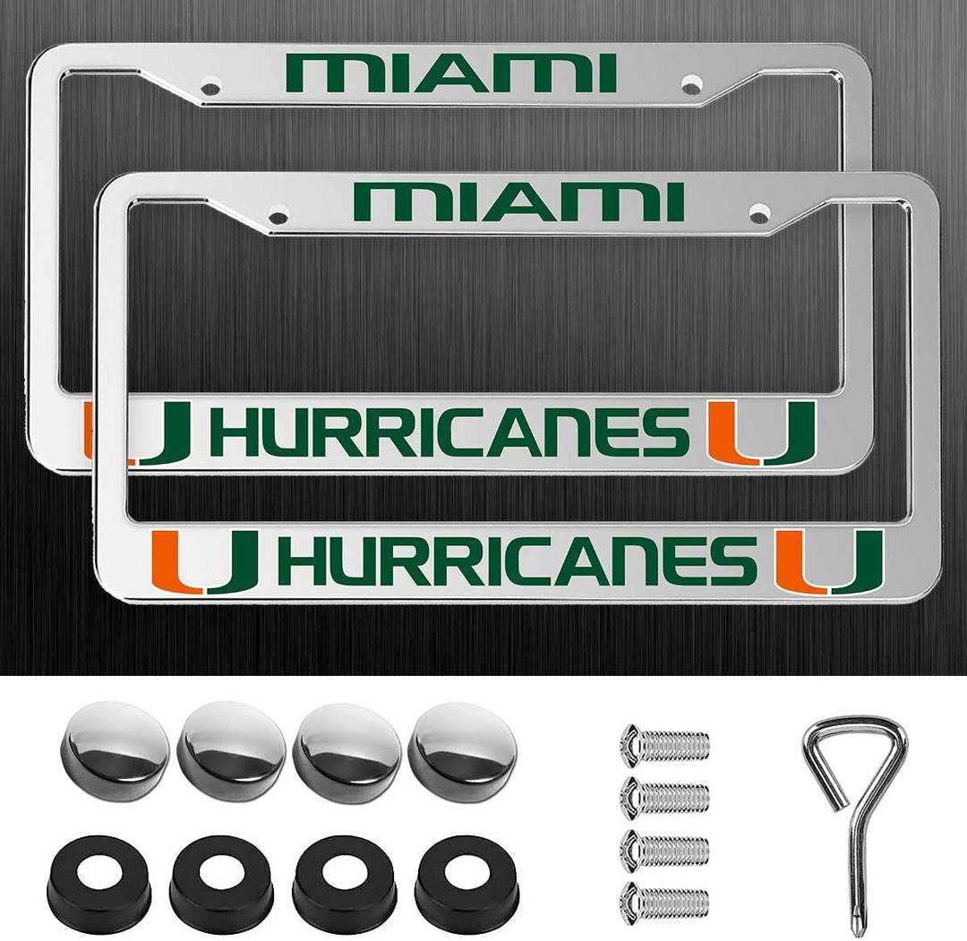 2 Pack License Plate Frame for Miami Hurricanes, 2 Holes Silver License Plate Holder for UM,Universal Aluminum Tag Frame for License Plate for Cover Front and Rear Car Tags (SS-jf)