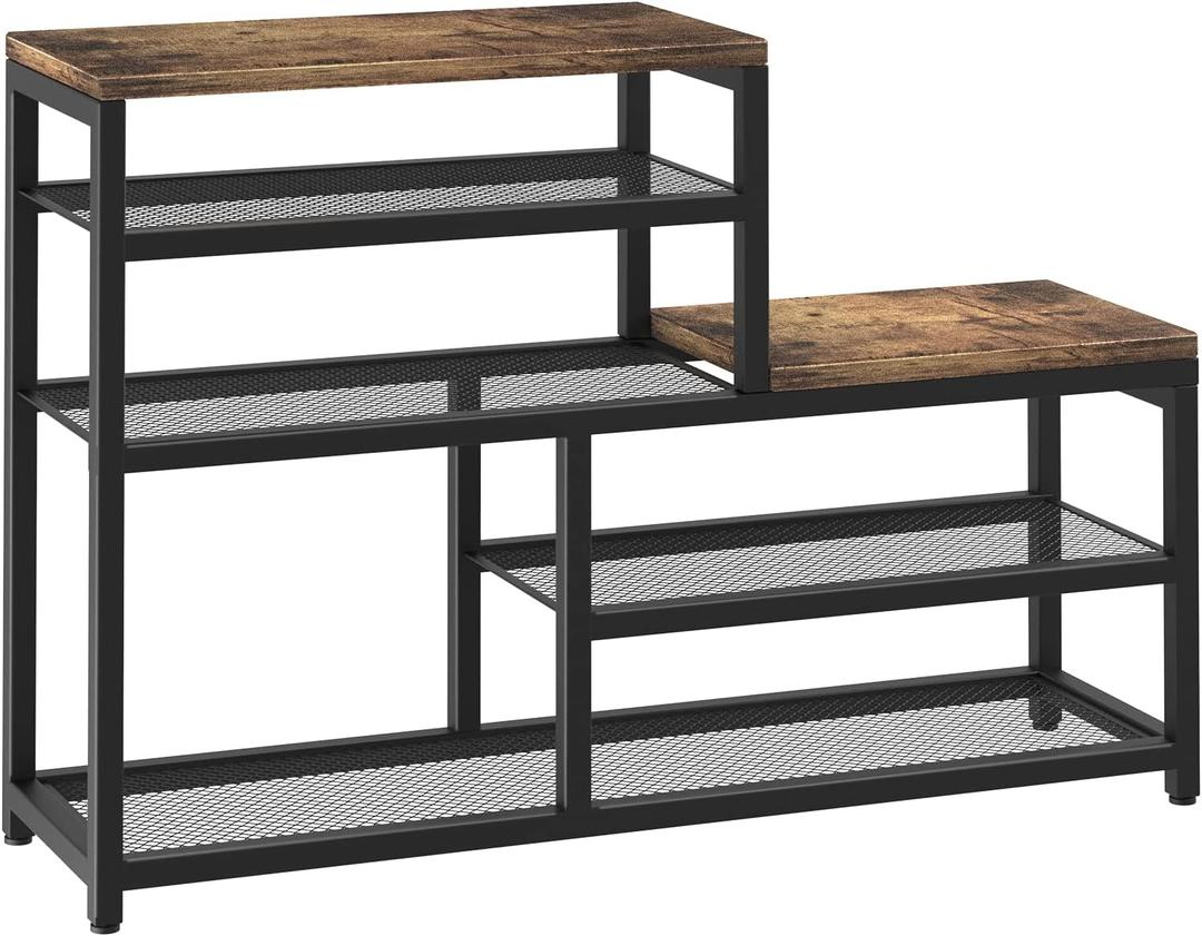 Shoe Rack Bench Shoe Storage Organizer with Seat, 5-Tier Industrial Free Standing Shoe Rack for Entryway, Narrow Shoe Rack Organizer Shelves for High Heels, Entryways, Hallways, Closets,Brown