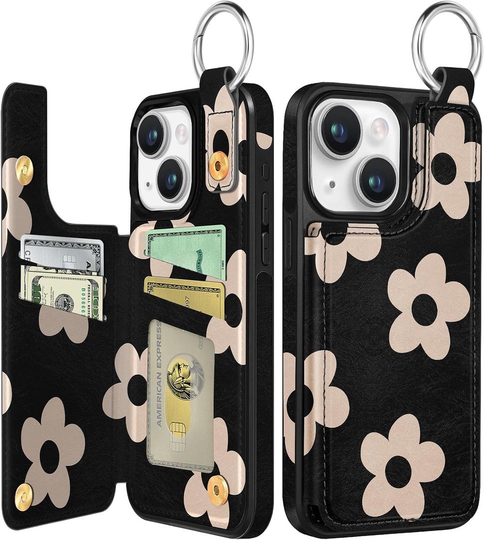 Lotadilo for iPhone 15 Wallet Case with Card Holder, Cute Designer Black Flower Pattern Kickstand Magnetic Clasp Back Flip Folio Leather Cases for iPhone 15 Phone for Girls Women Men Boys Teens
