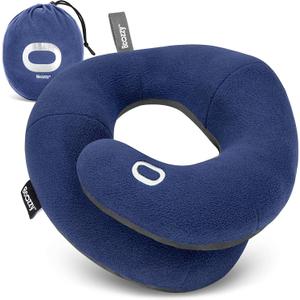 BCOZZY Travel Neck Pillow for Airplane  Patented Double Support for Head, Neck, and Chin. Best for Long Flights, Plane Sleeping, and Car Rides. Adjustable Size. Fully Washable. Carry Bag. Large, Navy