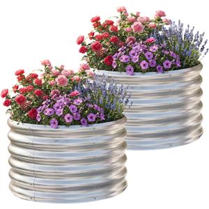 AHEONLAR 2 Pack 2x2x1.5ft Round Galvanized Raised Garden Bed Outdoor Metal Planter Box for Vegetables Steel Raised Beds for Gardening Silver