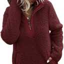 AQOTHES Womens Loose Casual Zipper Sherpa Fleece Pockets Pullover Sweatshirt for Women (Large, WineRed)