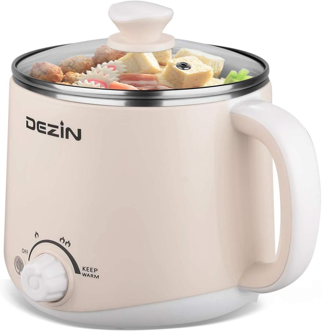 Dezin Electric Pot, 1.6L Ramen Cooker, Hot Pot Electric Stainless Steel, Multifunctional Cooker for Egg, Pasta, Soup, Porridge, Oatmeal with Temperature Control and Keep Warm Function (Beige)