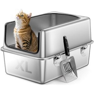Stainless Steel Cat Litter Box, 19.7" L x 13.8" W x 11.8" H Large Semi Enclosed Removable Metal Litter Tray with High Sided Enclosure, Scoop, Anti-Leakage, Non-Sticky, Easy Cleaning