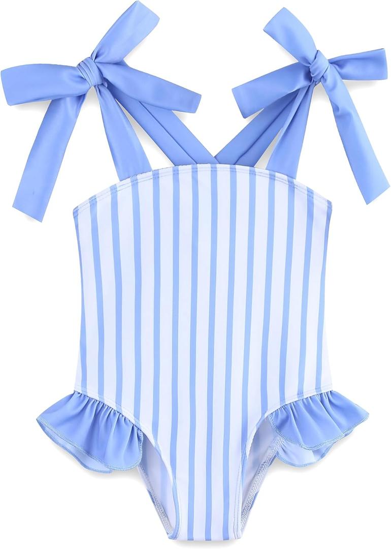 Girl Bathing Suits Adjustable Straps Swimwear Ruffled One Piece Swimsuit Girls with Sun Protection 4-5T Blue Stripe (Blue, S)