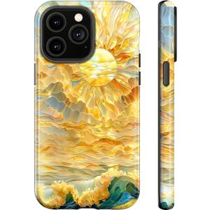 for iPhone 14 Pro Case,Ocean Waves Sun Rays Stained Glass,Dual Layer Soft TPU Hard PC Bumper Case Design,Protective Phone Cover Girls Will Love