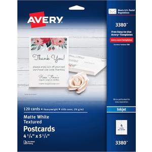 Avery Printable Postcards, 4.25" x 5.5", Matte White, Laser & Inkjet Compatible, 120 Blank Cards Total, Great for Product Branding, Marketing, and More (3380)