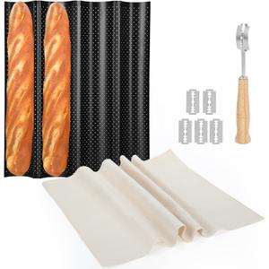 4-Slot French Baguette Pan Set, Non-Stick French Bread Pan, Baguette Baking Pan with Proofing Cloth, Bread Lame, Home Baking Tools Kit for Homemade Bread (Black)
