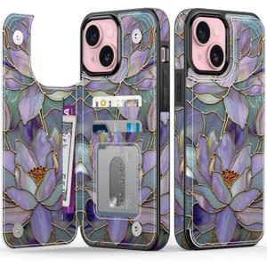 FUNMIKO for iPhone 13 Mini Wallet Case with Card Holder, RFID-Blocking, Military-Grade Protection & UV-Printed Artwork, Magnetic Closure with Leather Kickstand - Dreamy Lotus