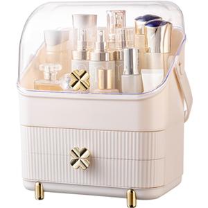 Preppy Skincare Organizers Makeup Organizer Holder Cosmetic Storage Box Display Case 3 Tiers Dust Free Cover Portable Handle 2 Rroomy Drawers Gift Great For Bathroom Countertop Dresser Ivory White
